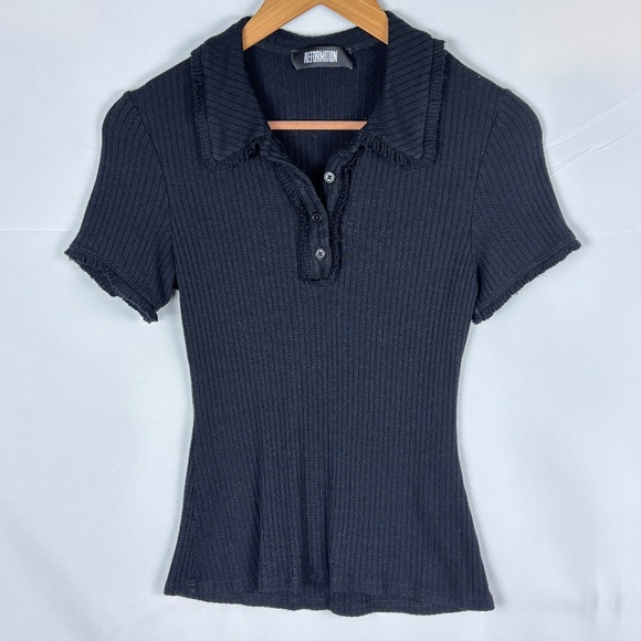 Reformation Womens Short Sleeve Ribbed Knit Polo Shirt Sz S Black Preppy Classic - Picture 1 of 10